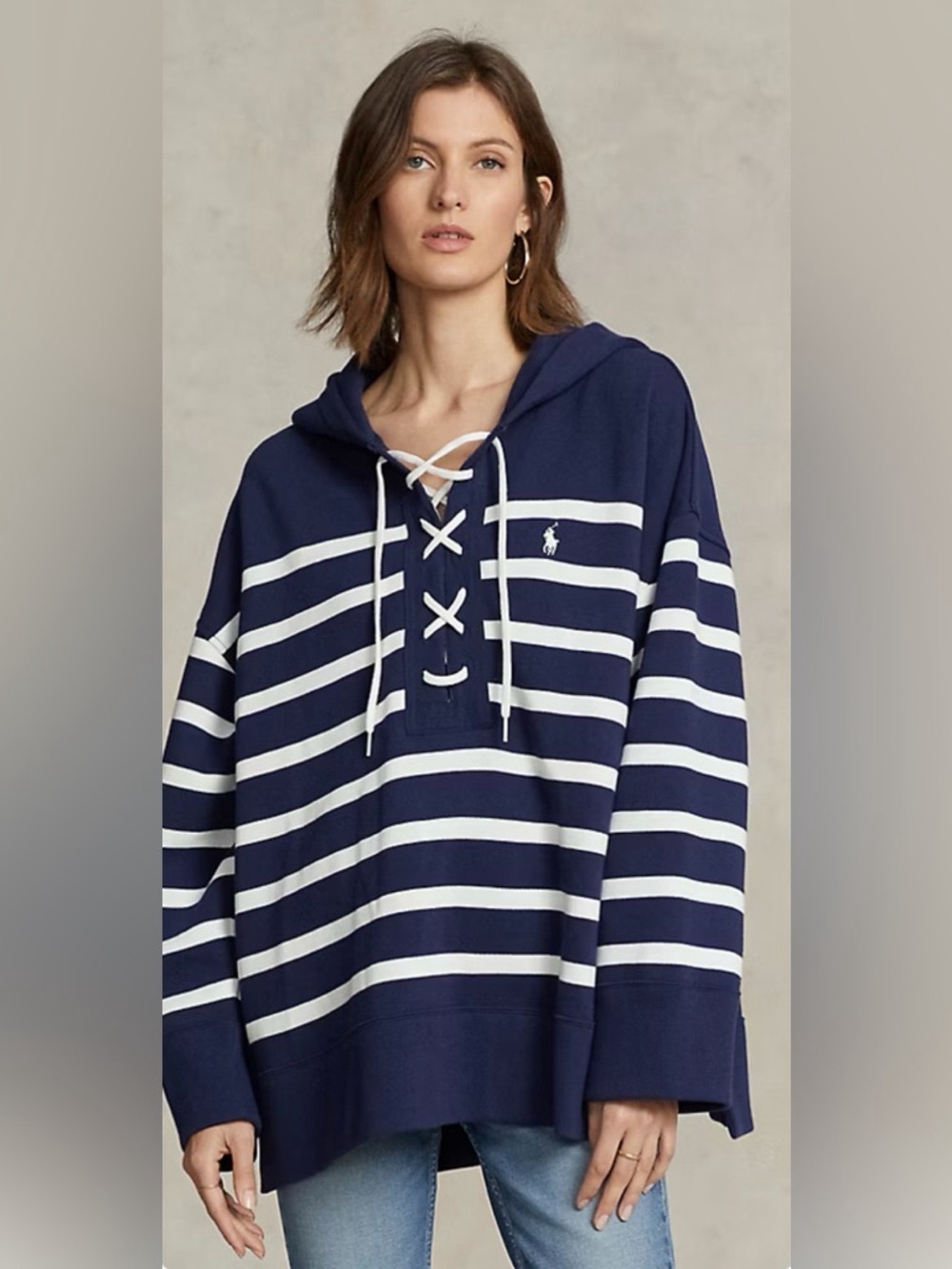 Polo Ralph Lauren Navy & White Striped Lace-Up Fleece Hoodie Sweatshirt